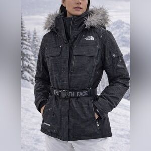 The North Face Steep Tech Apogee Jacket Women’s Large Black Pinstripe Faux Fur